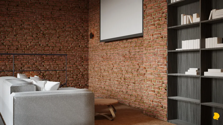 Mezzanine cinema lounge with grey L-shaped sofa facing retractable projector screen on brick wall, tall bookshelf in dark wood veneer niche