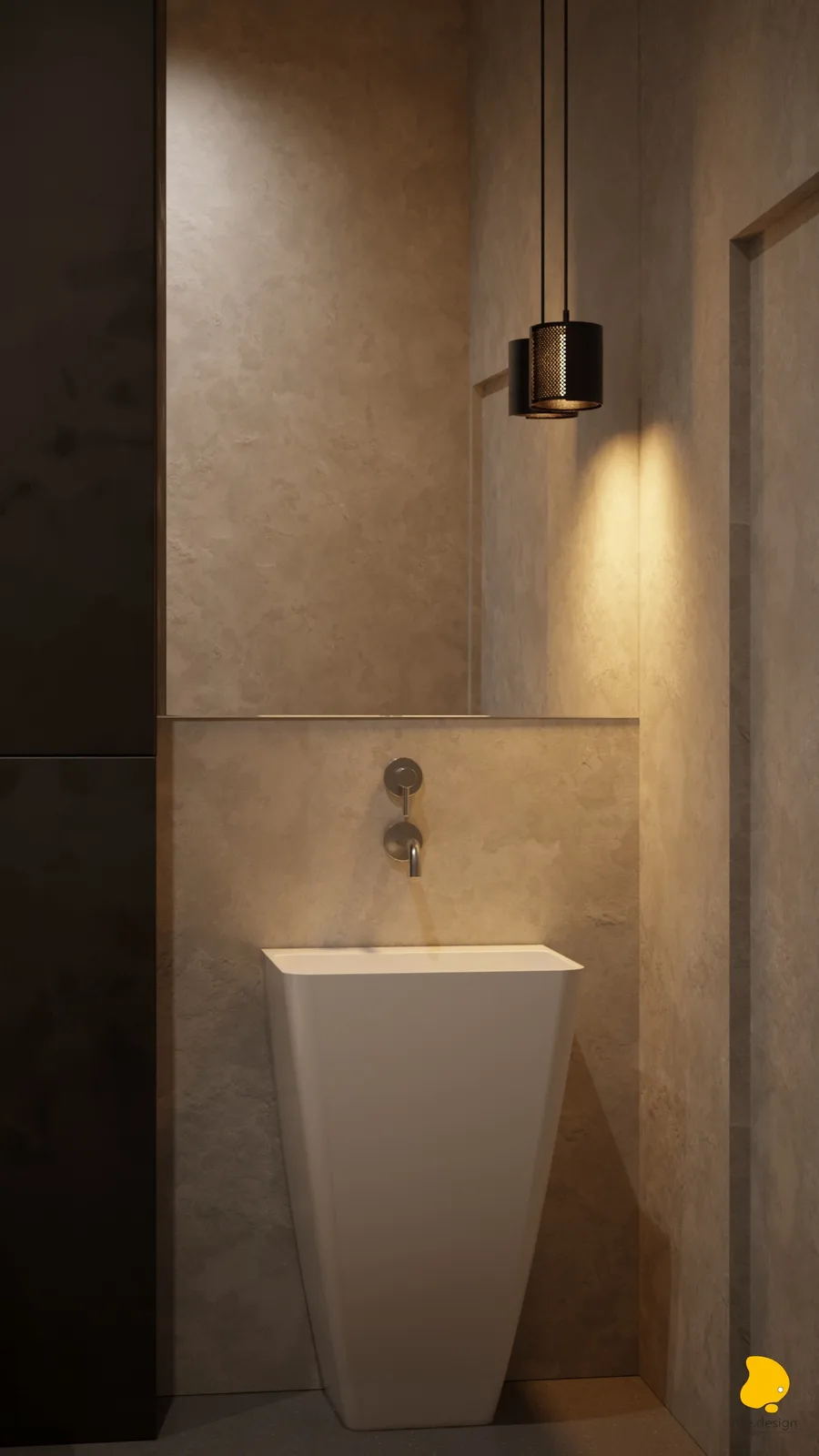 Ground floor WC with tadelakt micro-cement walls, freestanding geometric pedestal basin, wall-mounted faucet, and perforated metal cylinder pendant casting patterned light