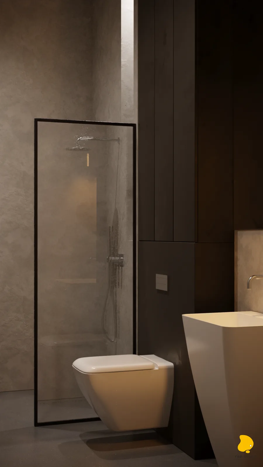 Ground floor WC with walk-in shower behind black-framed glass, wall-hung WC with concealed cistern, dark stone panels, and tadelakt walls