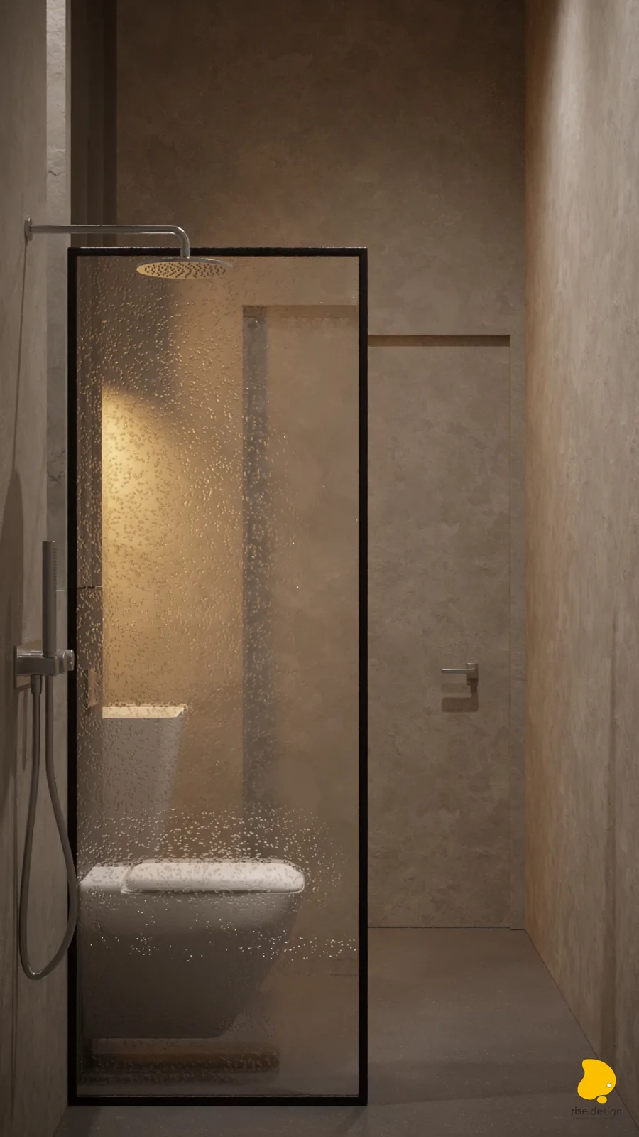 Ground floor WC shower close-up with rain shower behind steamed glass partition, amber LED recessed niche, and tadelakt micro-cement walls