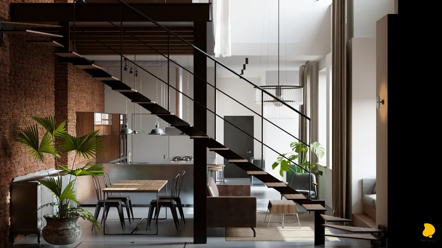 Ground floor from staircase showing open-tread steel stairs with oak treads, dining area, kitchen island, leather sofa, chandelier, and tropical plants