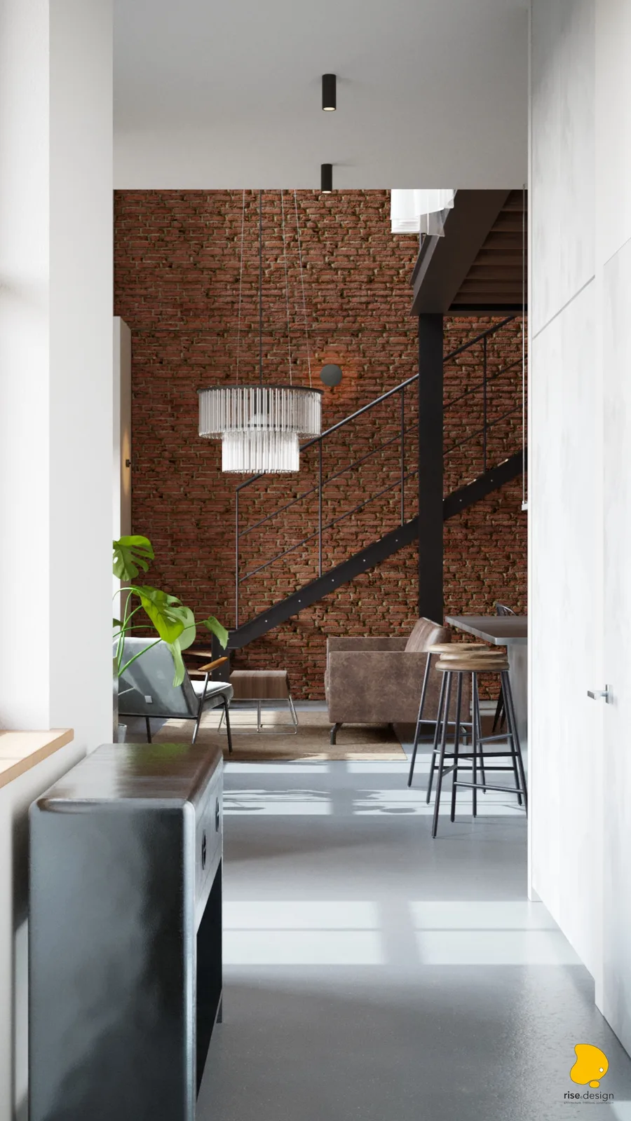 Vestibule view into double-height living room with exposed brick wall, Art Deco glass-rod chandelier, steel staircase, and aviator metal cabinet