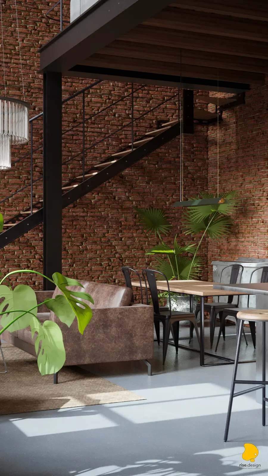 Open-plan living area with distressed leather sofa, Monstera plant, steel staircase against brick wall, oak dining table with Tolix chairs