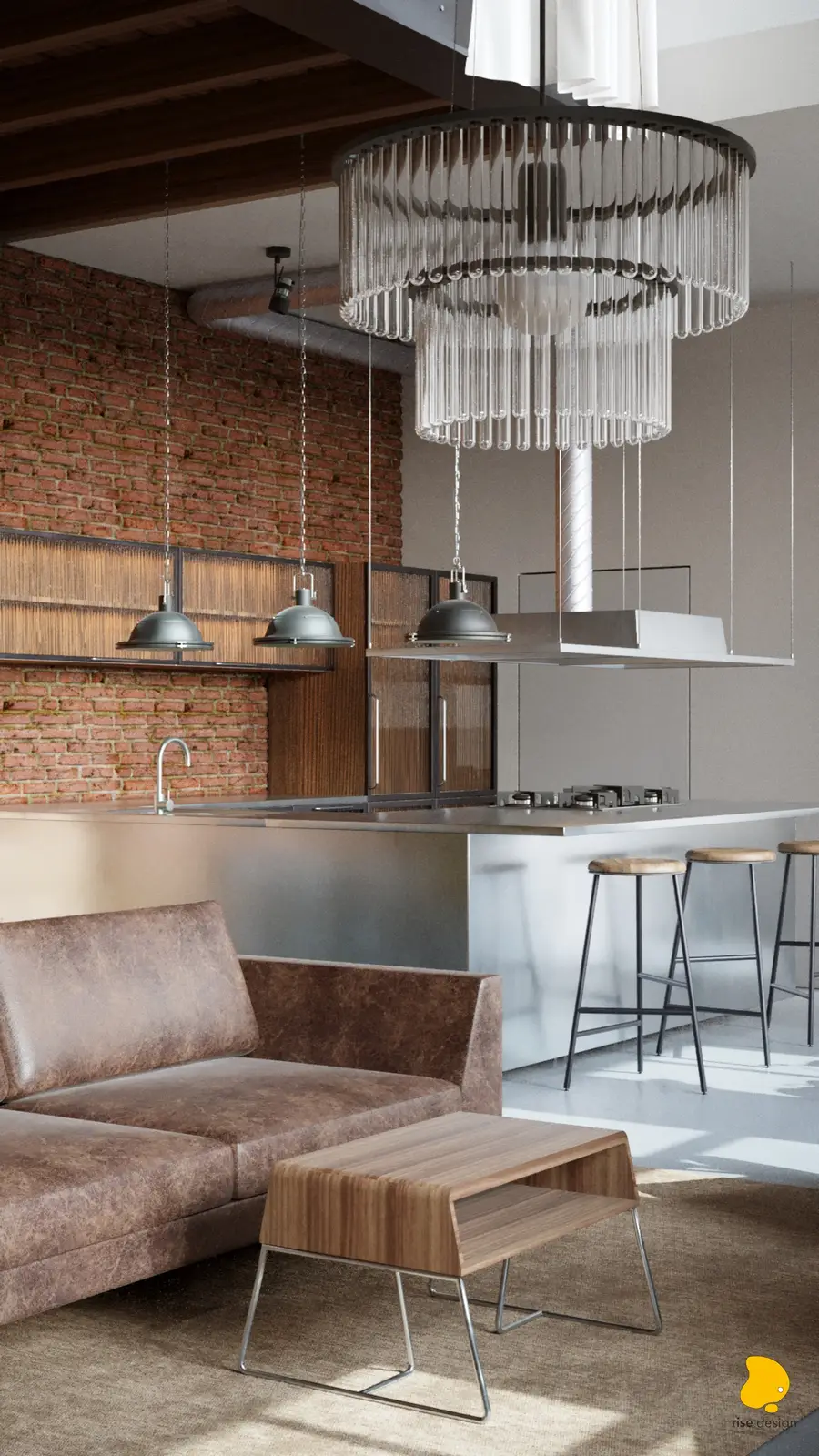Two-tiered Art Deco glass-rod chandelier in double-height space with leather sofa, walnut coffee table, and kitchen island behind
