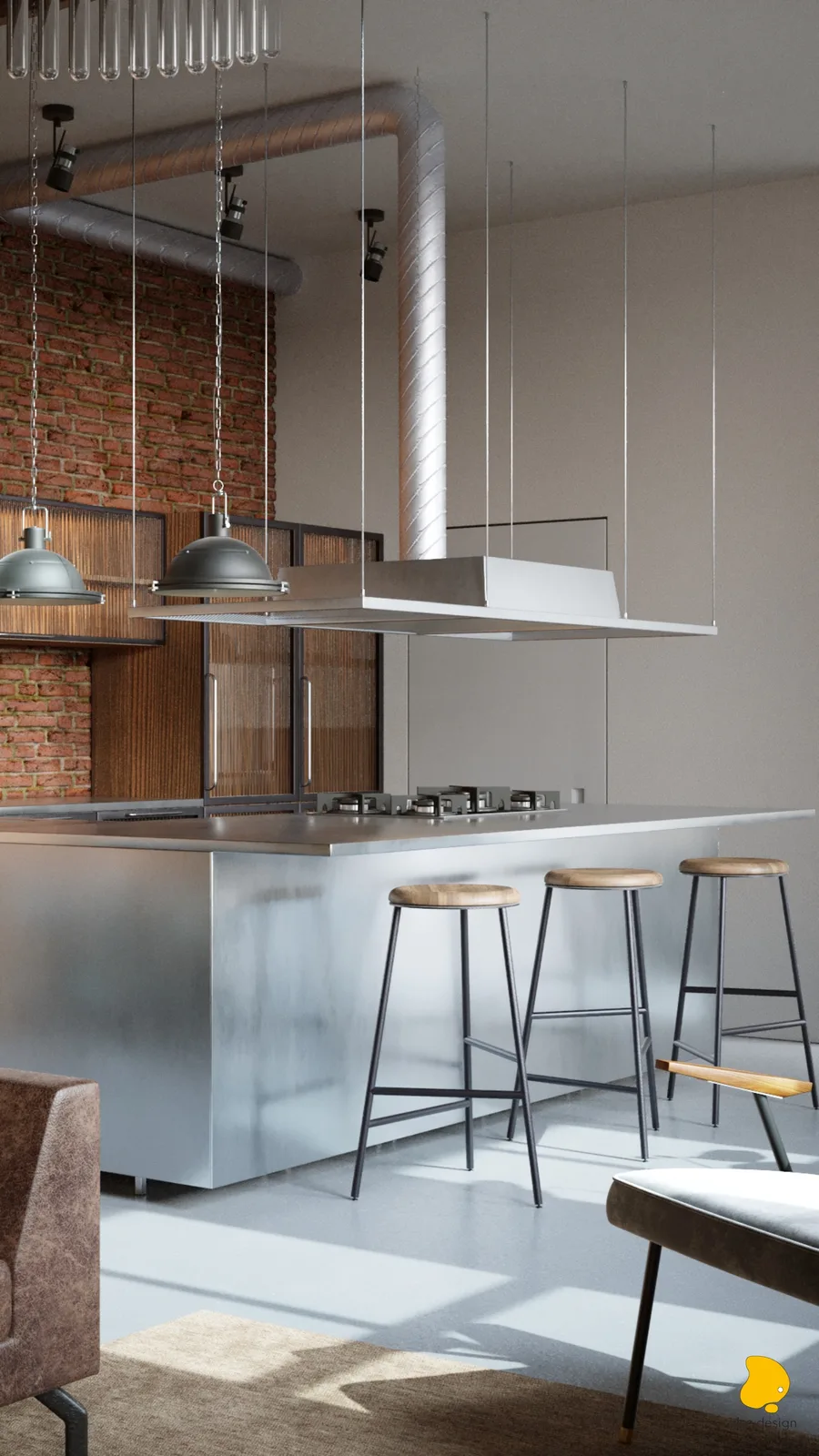 Kitchen island with oak-top bar stools, suspended range hood, industrial dome pendants, and glass chandelier visible above
