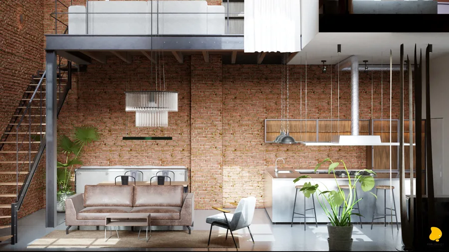 Full ground floor panorama showing exposed brick wall, steel staircase, mezzanine with wooden beam soffit, glass-rod chandelier, stainless steel kitchen, and tropical plants