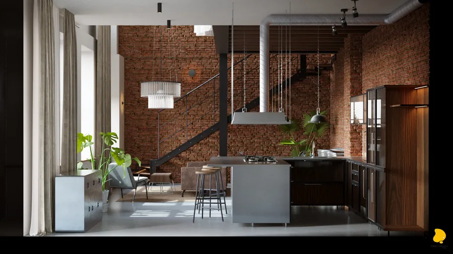 Ground floor panorama from entrance side with taupe velvet curtains, exposed brick wall, staircase, chandelier, kitchen island, and ribbed wood wall cabinets
