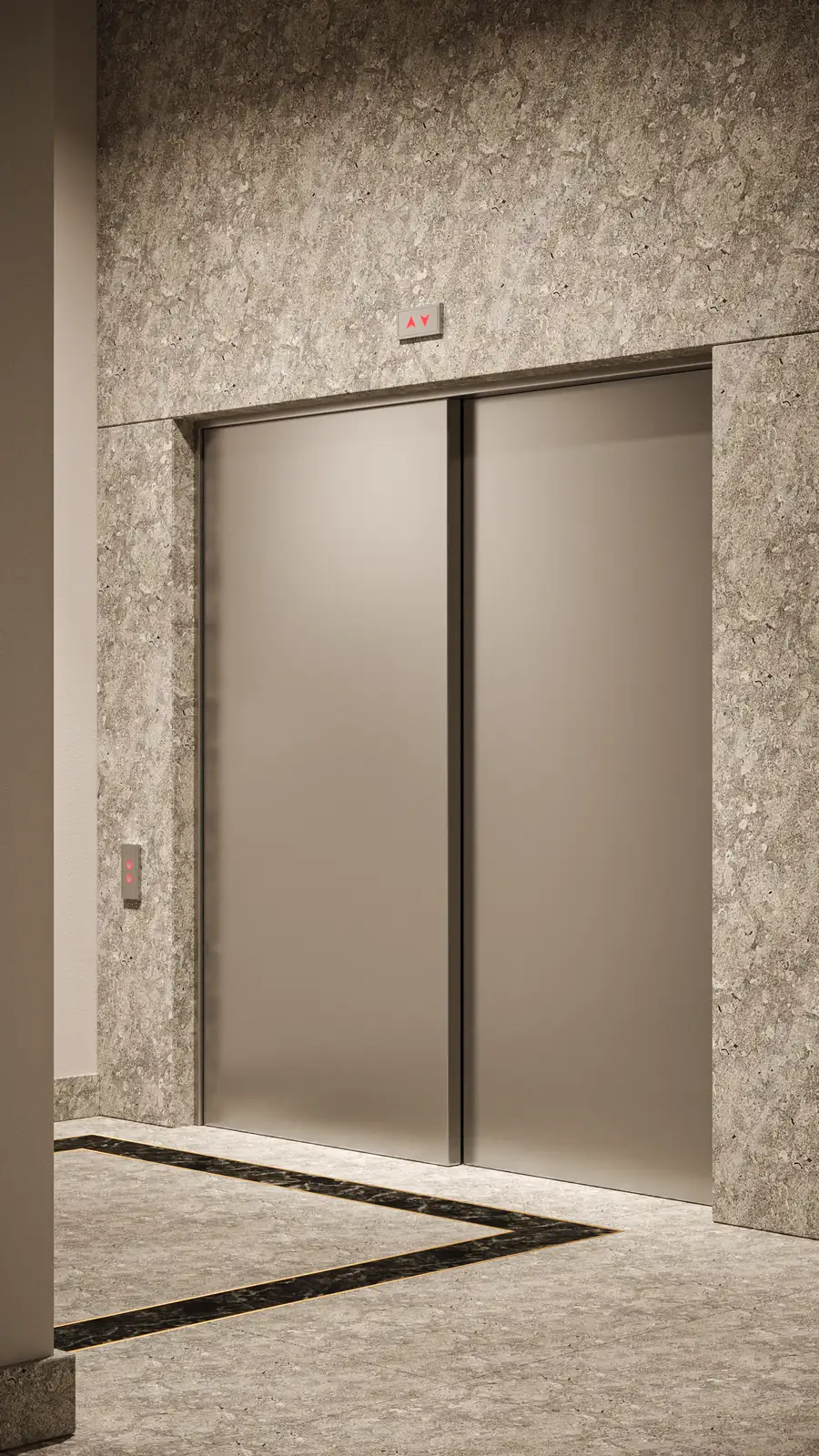 Detail: corridor stone wall panel close-up showing Atlantic Grey marble with gold LED strip accent lighting embedded at floor joint and Nero Marquina marble trim pattern