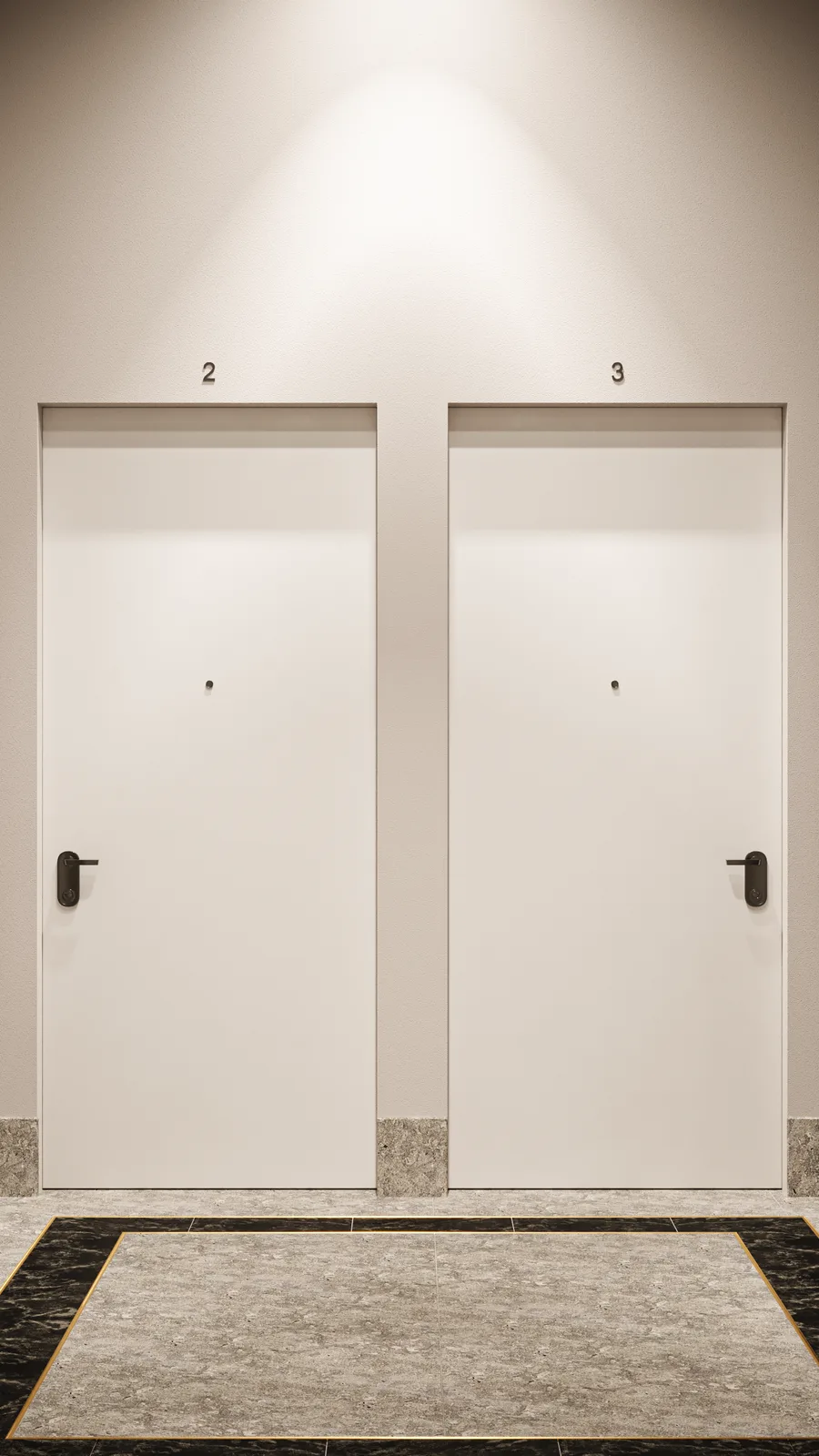 Detail: elevator surround close-up with black stone frame, gold inlay strips, and heritage arched window reflected in polished surface