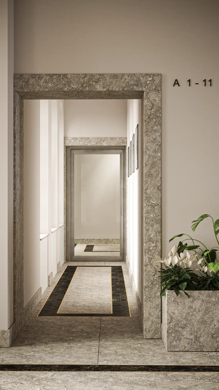 Interior: corridor perspective render showing repeating gold LED strip rhythm along Atlantic Grey stone walls with black-and-white heritage gallery photographs