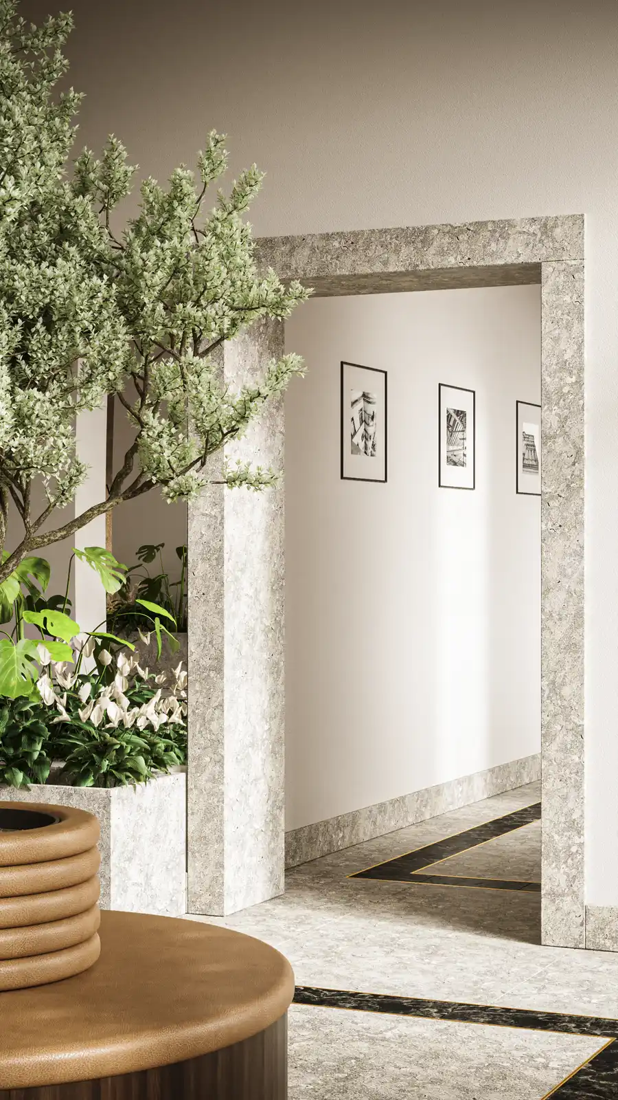 Interior: heritage staircase landing render with stone-clad walls, gold handrail, distinctive oval-loop balustrade pattern, and arched window flooding space with natural light
