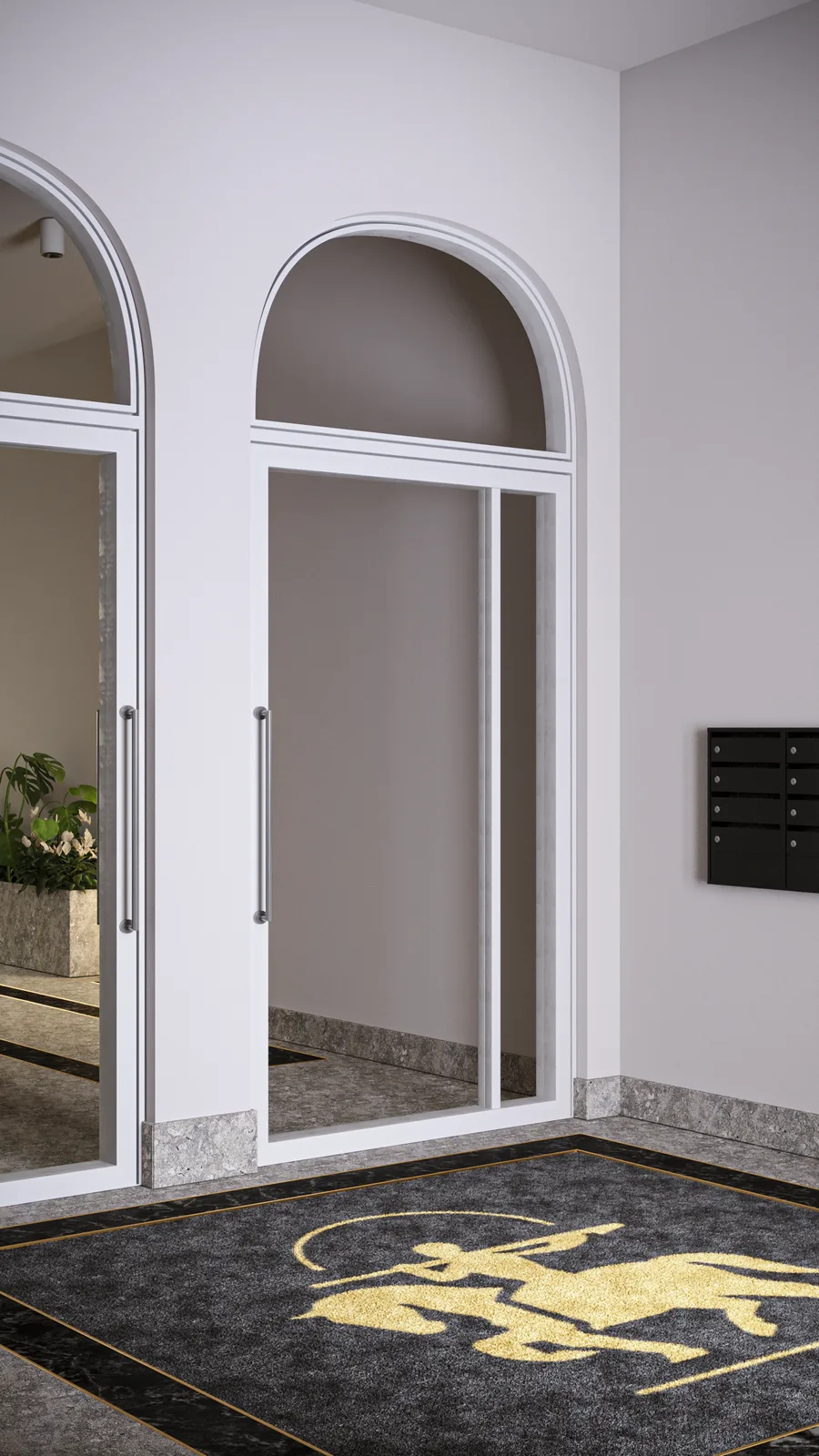 Interior: building entrance vestibule render with stone-framed doorway, gold address numbers, and transition from exterior to marble lobby floor