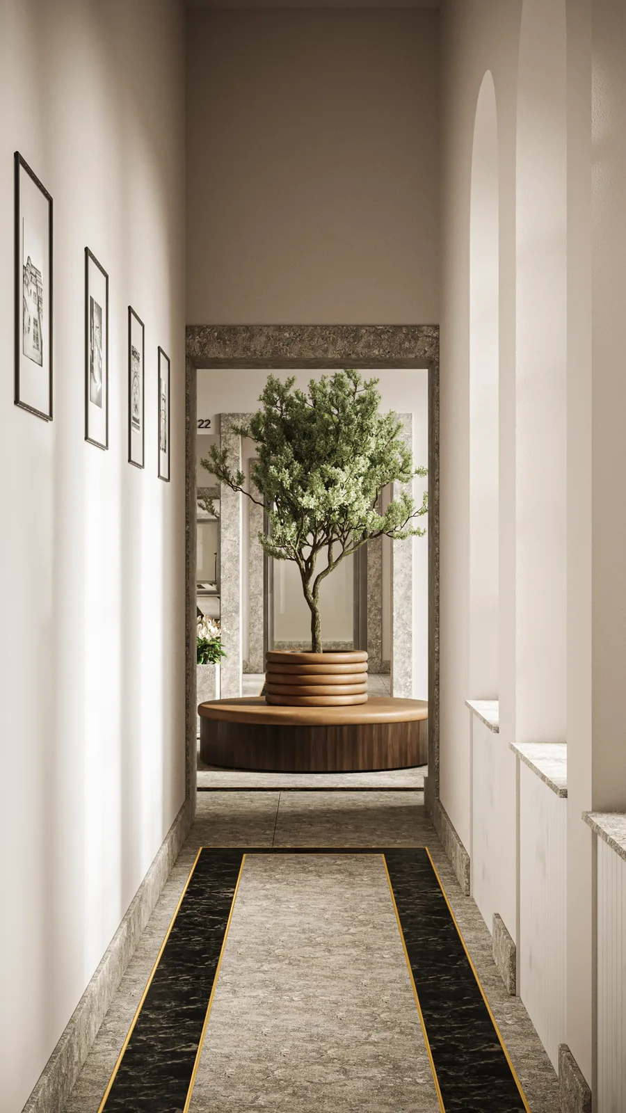 Interior: corridor render showing apartment door numbering in gold, Atlantic Grey stone walls, white flush-panel doors, and polished dark marble floor extending to window