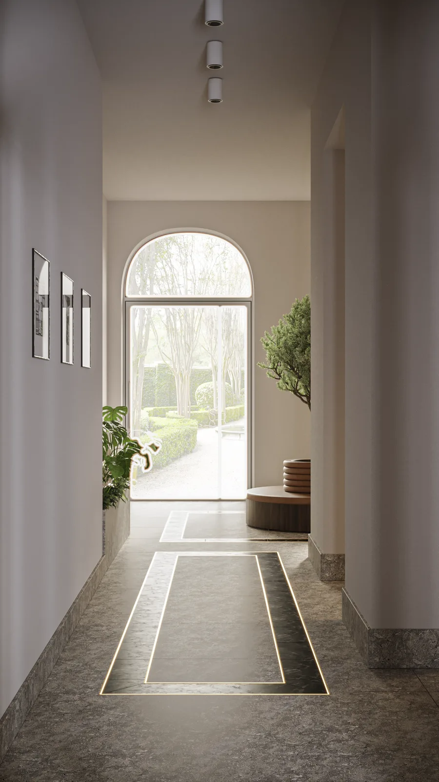 Interior: upper floor corridor render with simplified stone treatment, gold LED accent strips, and lighter atmosphere from heritage arched windows