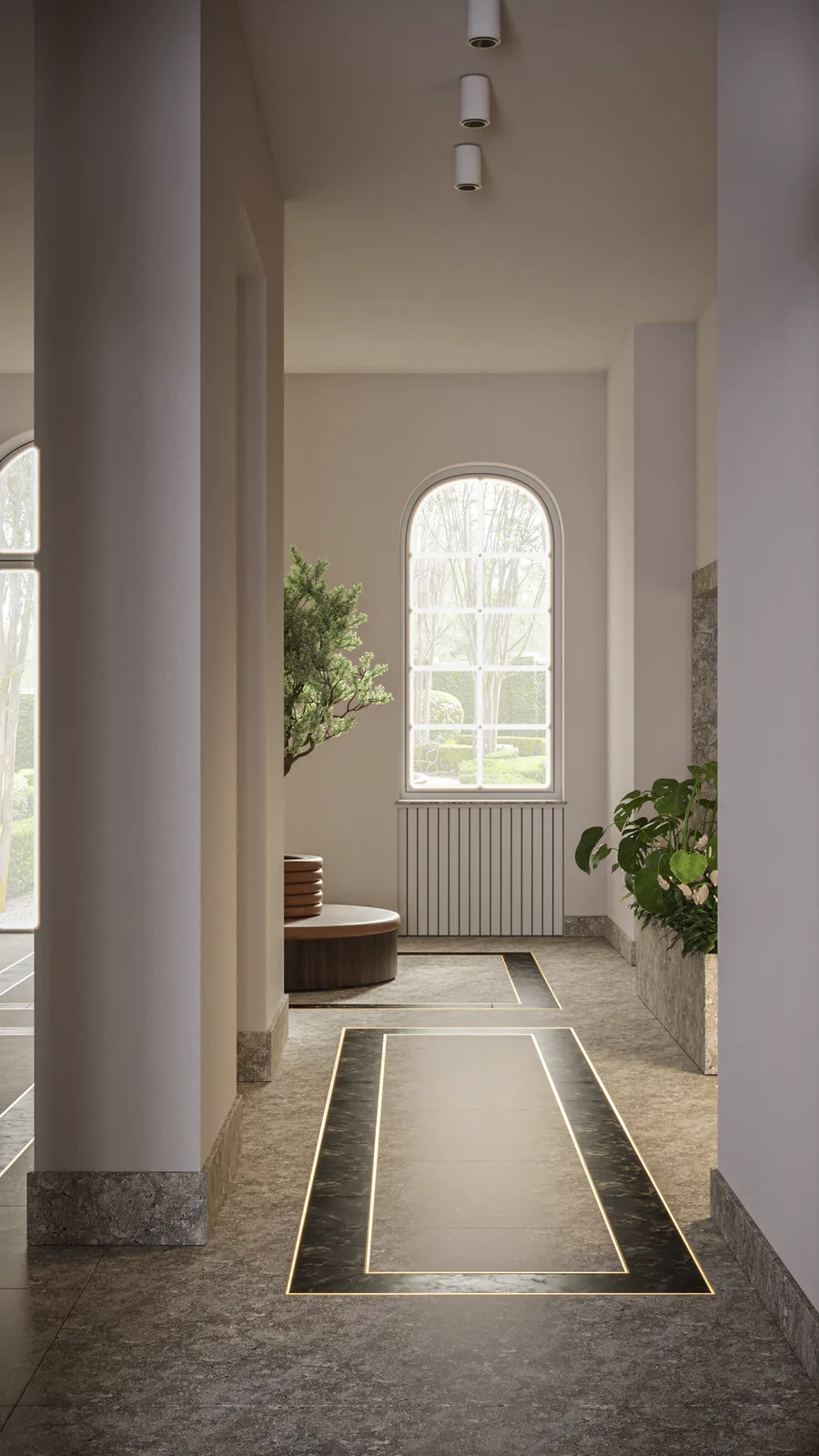 Interior: alternate corridor angle render showing depth perspective through stone-clad hallway with gold LED strips and dark marble floor pattern
