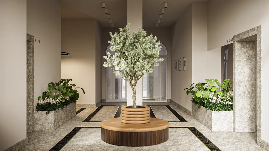 Interior: lobby render showing elevator area with full-height Atlantic Grey marble surround, modern stainless steel doors, red LED floor indicator, and wayfinding directory