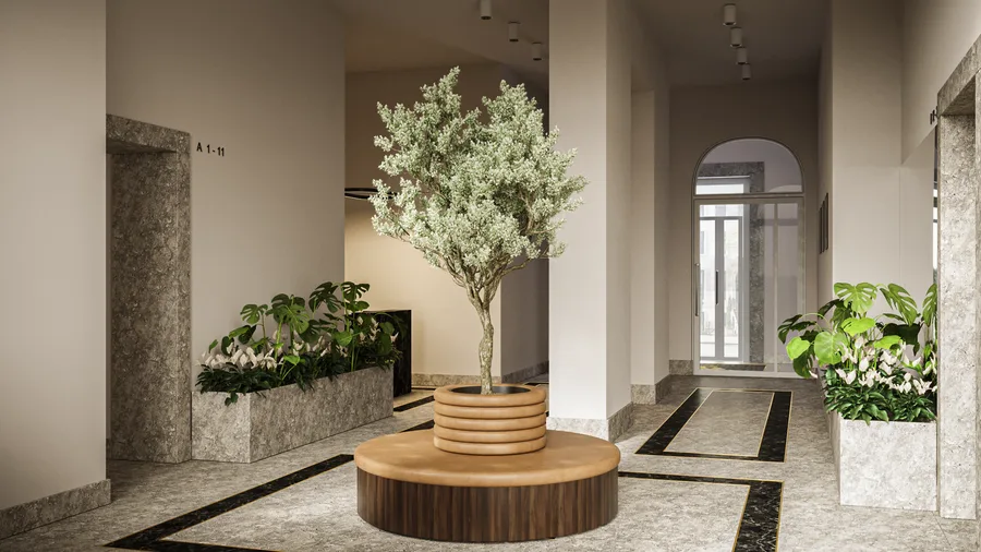 Interior: entry hall render showing grand arched glass doors with semicircular transoms, custom branded floor mat with gold horseman logo on dark charcoal ground, and dark metal mailbox bank