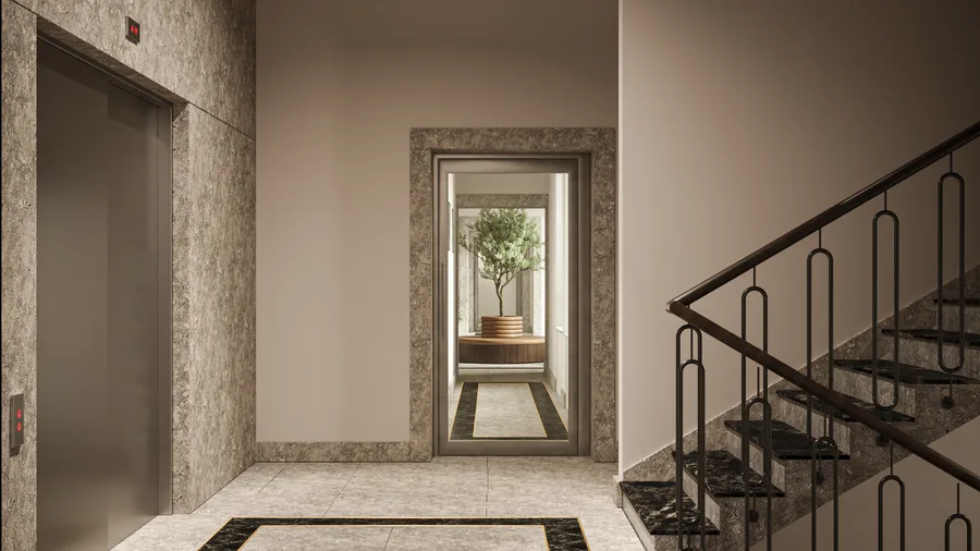 Interior: staircase render showing distinctive elongated oval-loop balustrade design in black metal, dark wooden handrail, natural stone treads, and column-style radiators beneath arched windows