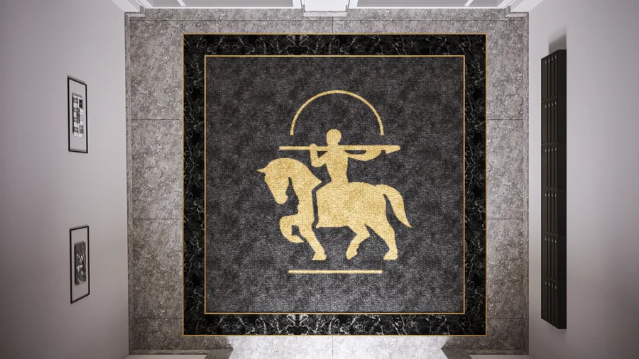 Interior: main lobby render with Atlantic Grey stone walls, Nero Marquina marble floor, gold LED accents, olive tree centrepiece, and heritage ceiling arches above