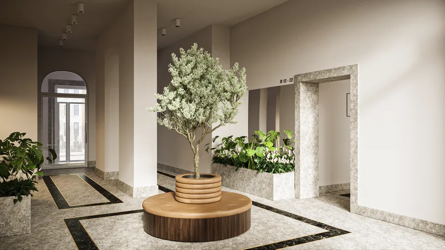 Interior: corridor wide render showing full stone and marble material palette with gold LED strips, black-and-white heritage photo gallery, and arched window terminus