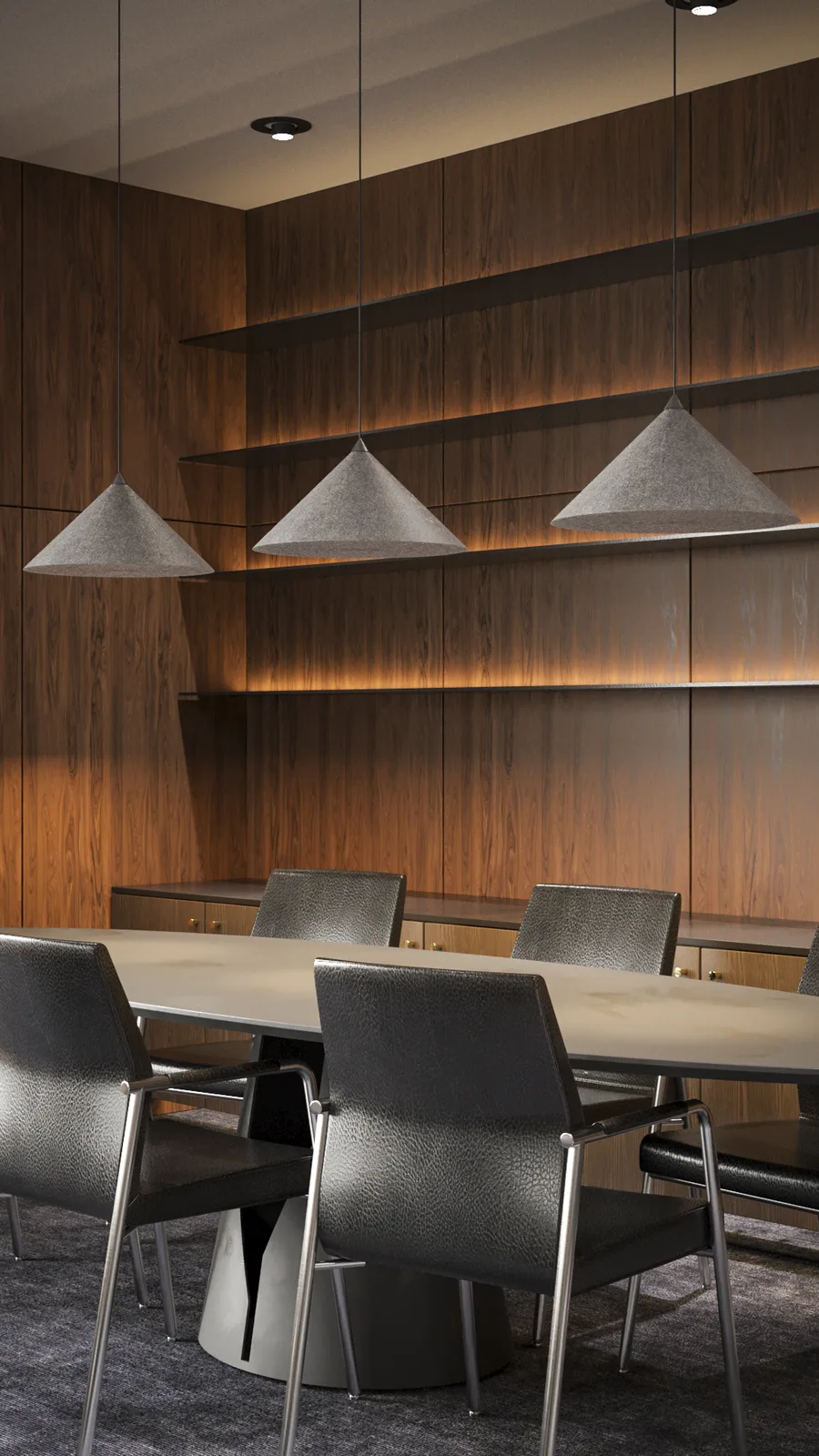 Detail: bookcase wall close-up render showing walnut paneling with LED strip-lit shelves, three Loftlight grey conical pendant lights, and Euforma Acos Pro conference chair edge visible