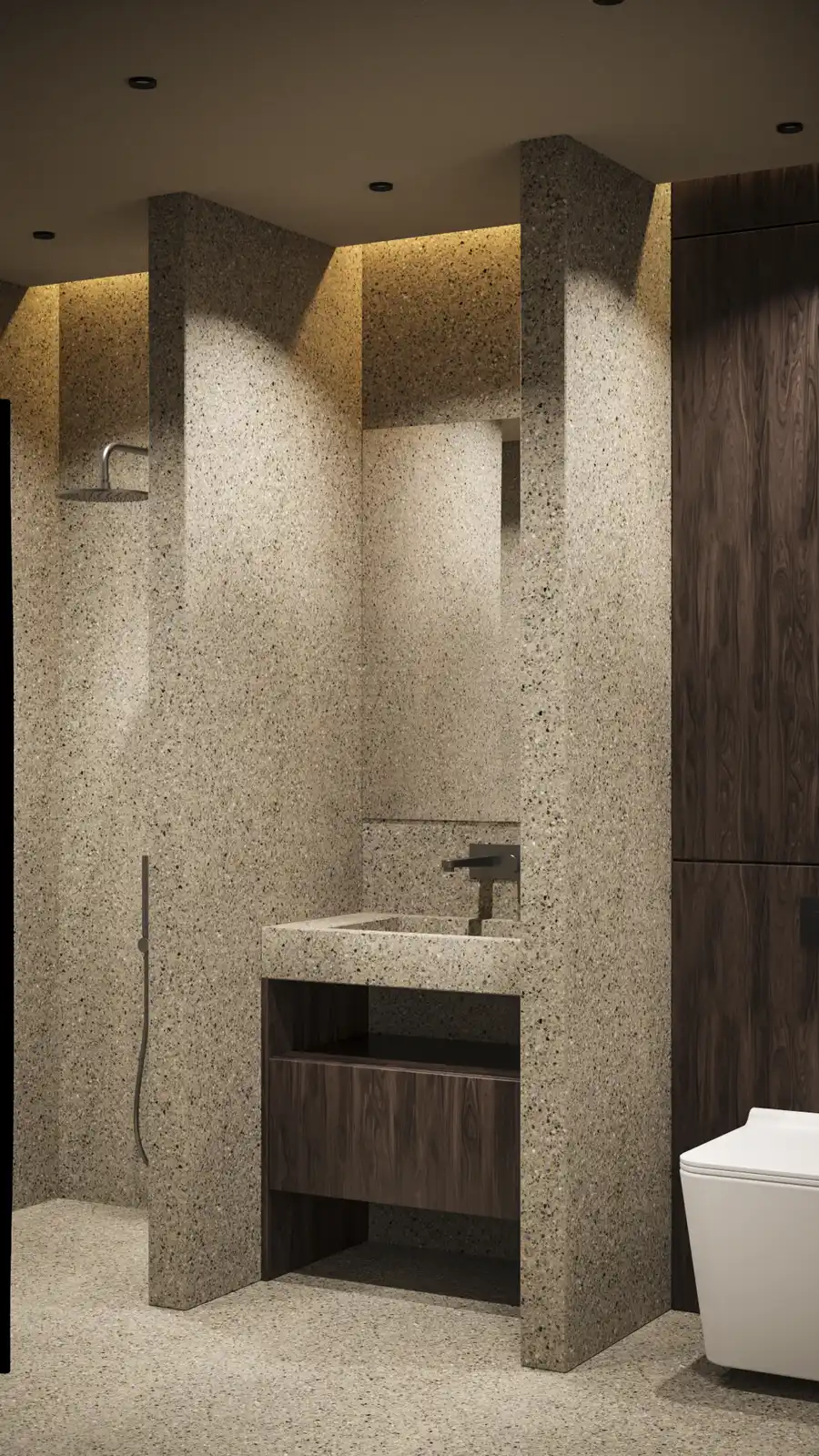 Detail: executive bathroom vanity render with Nuez terrazzo tiles, walnut floating cabinet with Terrazzo Poland S.1 Sandson countertop, recessed mirror with warm LED cove lighting, and anthracite wall-mounted faucet