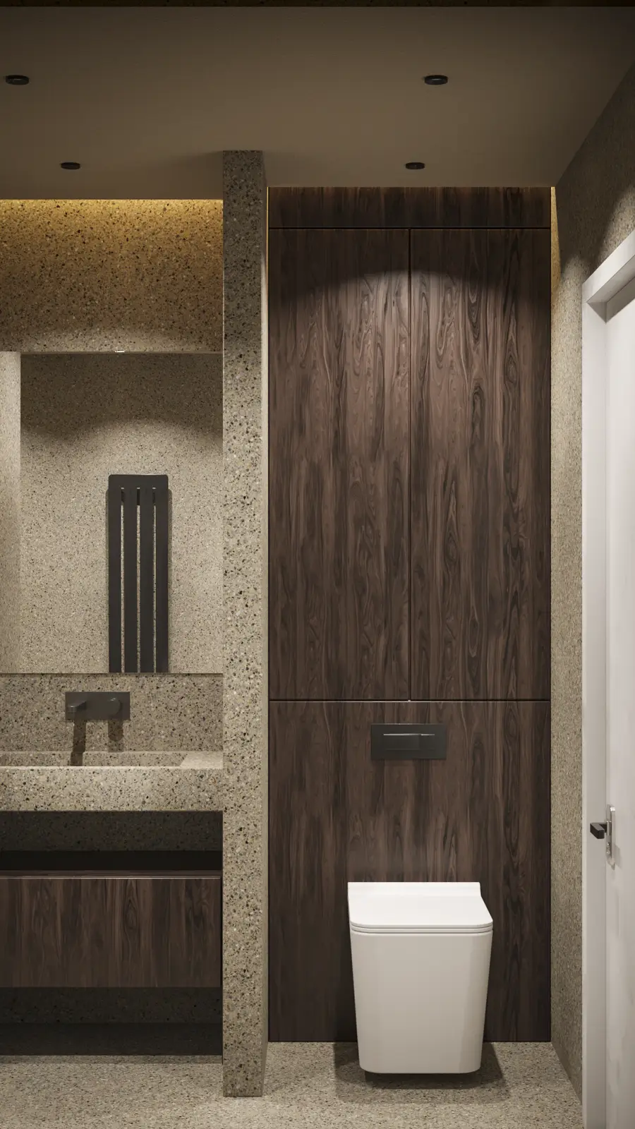 Detail: general WC render with white vertical tile running bond pattern on lower wall, RAL 5000 Violettblau navy blue painted upper wall, and Omnires composite basin at wash station