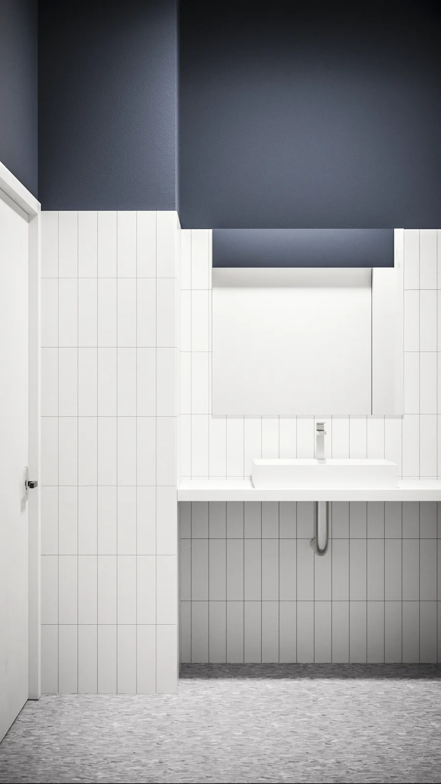 Detail: executive bathroom full render showing volumetric Nuez terrazzo partition walls creating shower and vanity nooks, walnut cabinet, wall-hung toilet, and spa-like spatial complexity