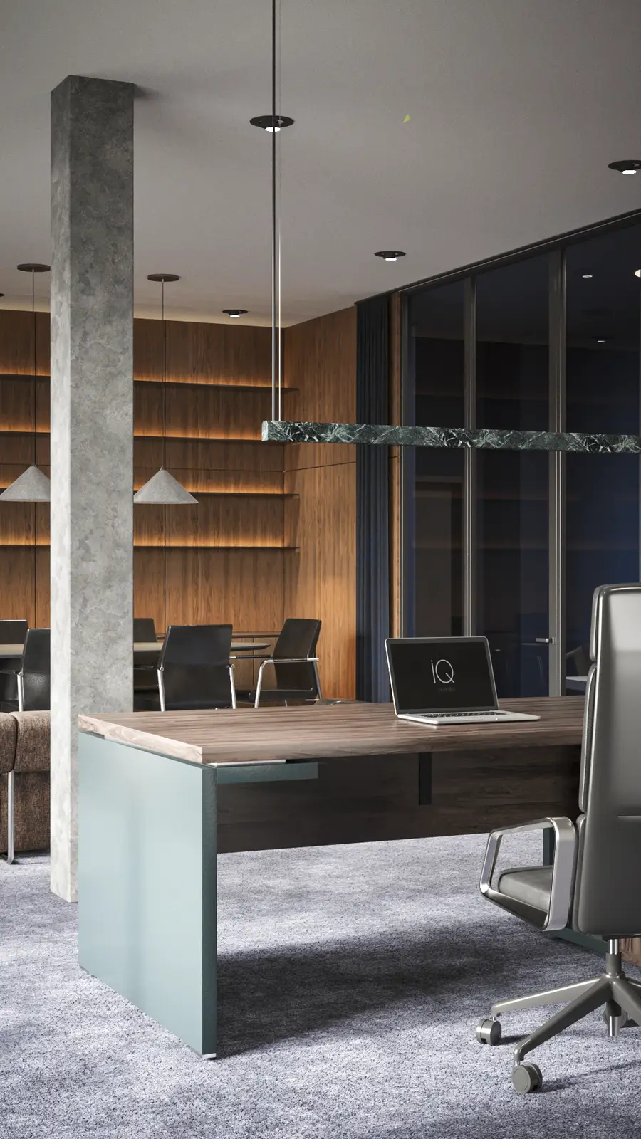 Gallery: executive desk render with MDD Mito desk showing mint green front panel, verde guatemala green marble Lexavala Palace pendant lamp, cognac Loit III leather chair, and exposed concrete column