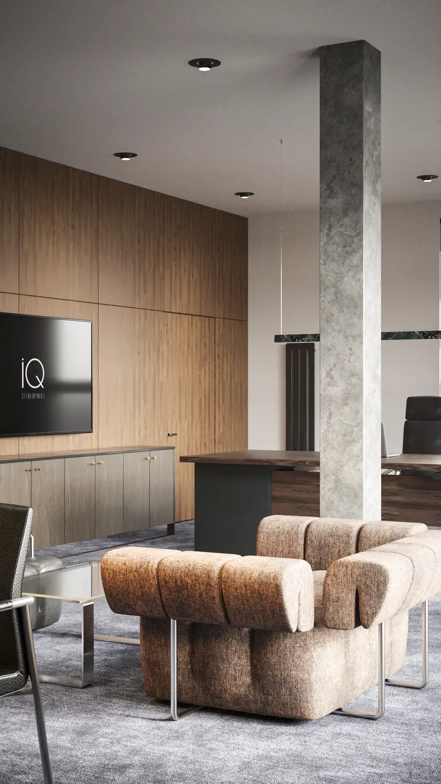 Gallery: lounge zone render with IKER BOXX terracotta boucle sofa, dark leather armchairs, Samsung TV showing iQ logo on walnut wall, and exposed concrete column as spatial accent