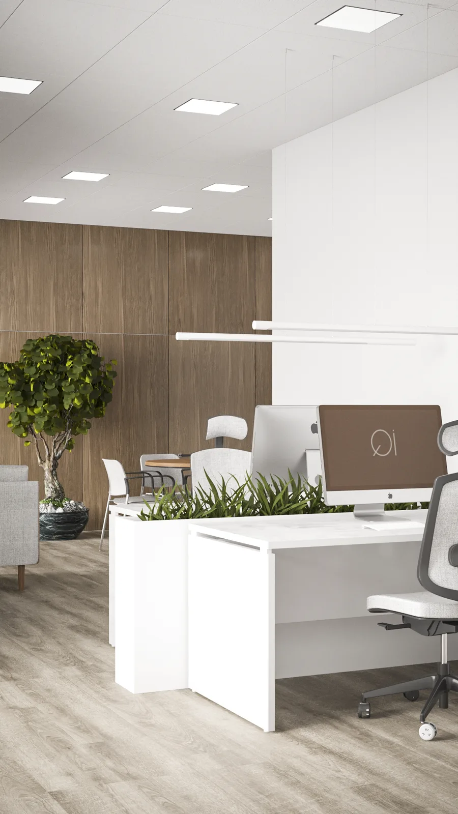 Gallery: open space casual zone render with round Loft Decora table, Gaya chairs, bonsai tree centerpiece, grey sofa, and tall white M5 storage cabinets along the back wall