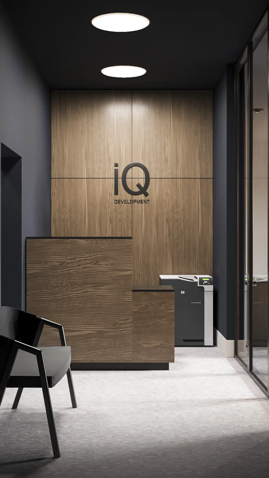 Gallery: executive bathroom shower render with full Nuez terrazzo tiling on all surfaces, anthracite Omnires rain shower system overhead, and warm LED cove lighting accent strip