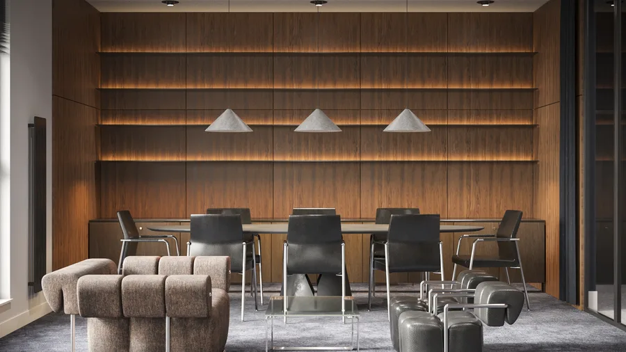 Hero: executive office CEO perspective render from MDD Mito boss desk looking across toward walnut bookcase wall, conference zone, exposed concrete column, and glass partitions to open space