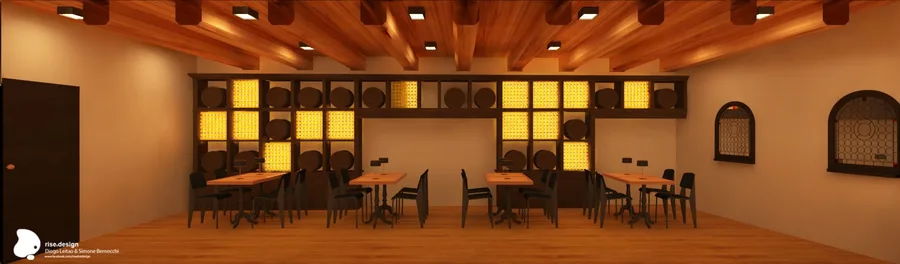 Interior: wide-angle panoramic of restaurant showing two levels, wooden ceiling structure, warm accent lighting, tables with seating, columns, and spatial organisation