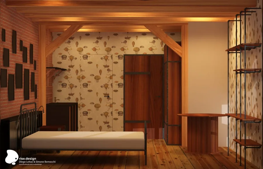Interior: apart-hotel bedroom with wooden flooring, patterned wall treatment, shelving and storage, multi-pane windows, warm ambient lighting, and contemporary furniture