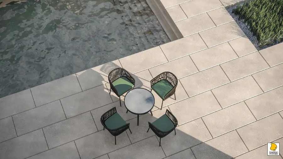 Detail: aerial pool terrace render with outdoor seating furniture, swimming pool, and colonnade pavilion viewed from above