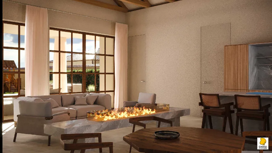 Detail: pool house living room render with fireplace, exposed timber king-post trusses, cathedral ceiling, and natural stone floor