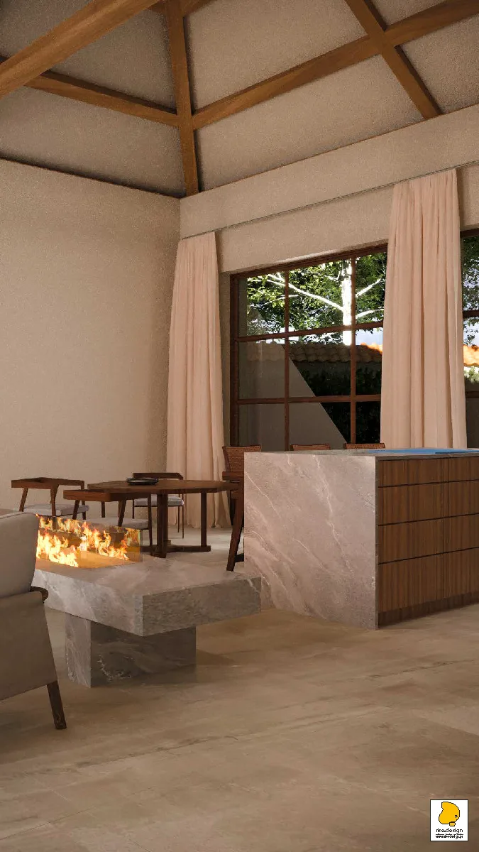 Detail: pool house living room fireplace close-up render with dining area visible beyond, warm interior lighting