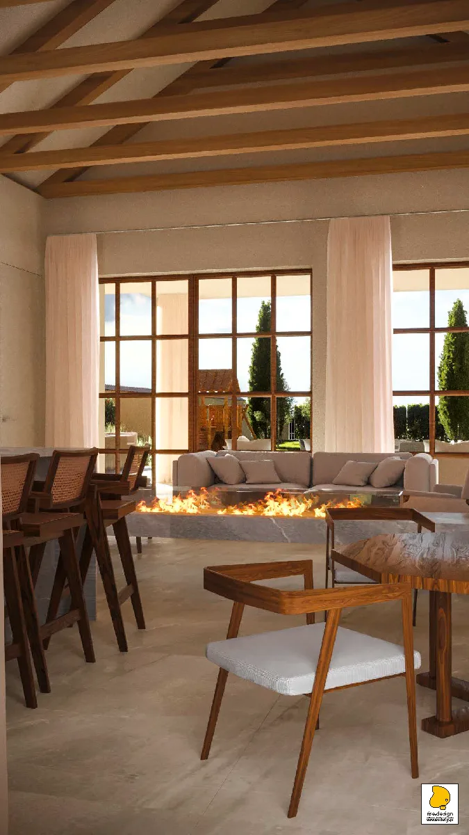 Detail: four-poster bedroom render with canopy drapes, timber slat wall paneling, and garden-view windows