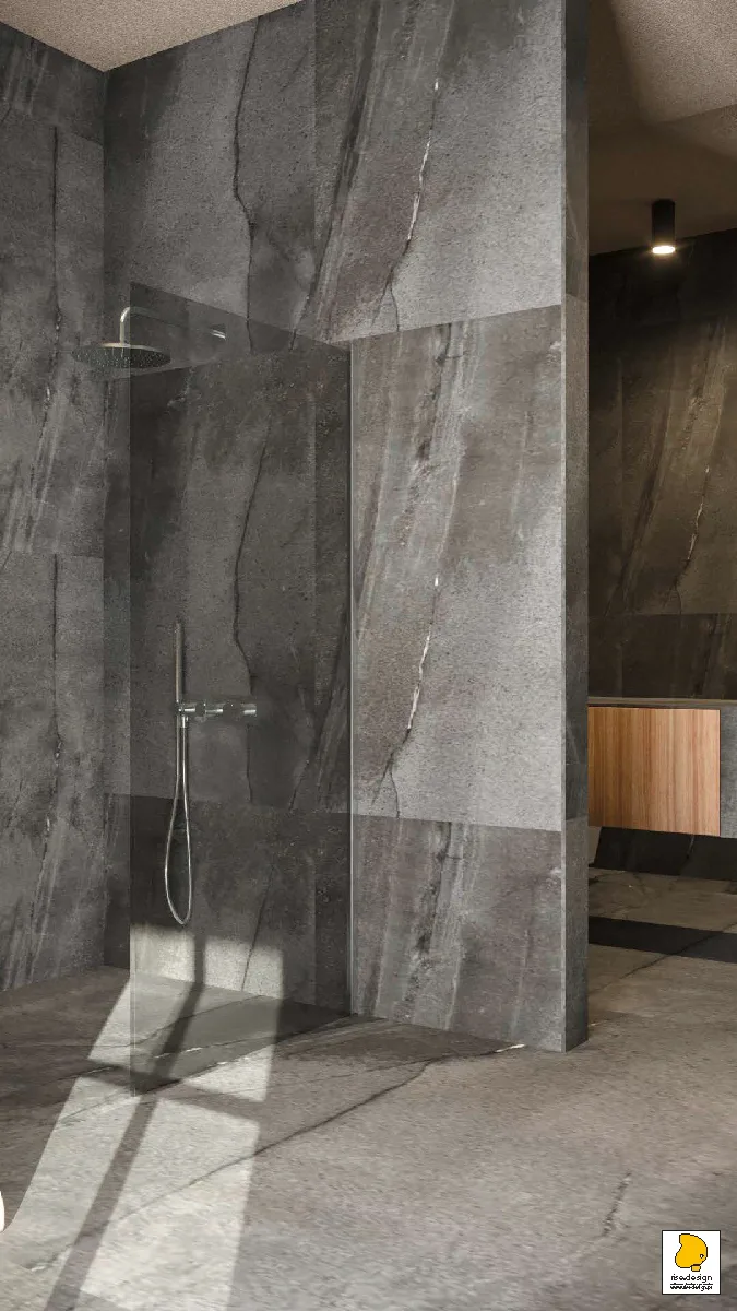 Detail: bathroom vanity render with natural stone surfaces, warm lighting, and timber accents