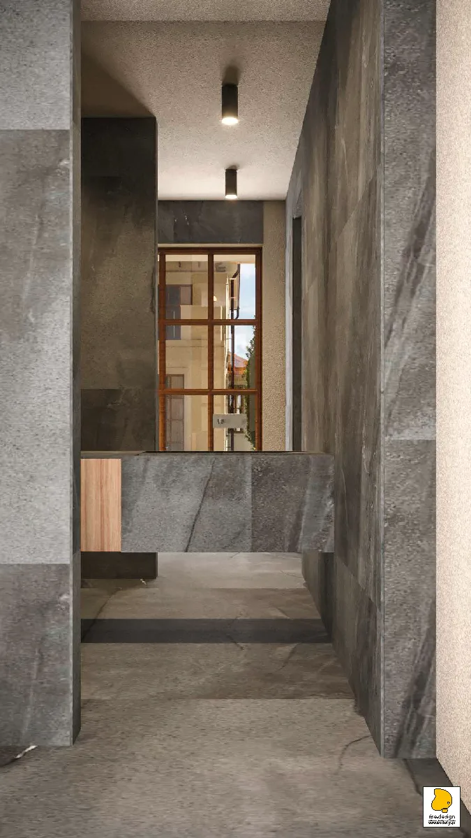 Detail: bathroom corridor render with stone-clad vestibule, recessed lighting, and material transition zones