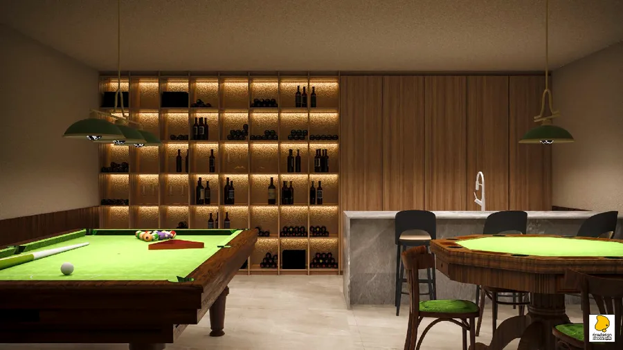 Detail: bunker billiard room render with full-wall backlit wine rack, professional pool table, Tiffany pendant lamps, and dark wood wainscoting