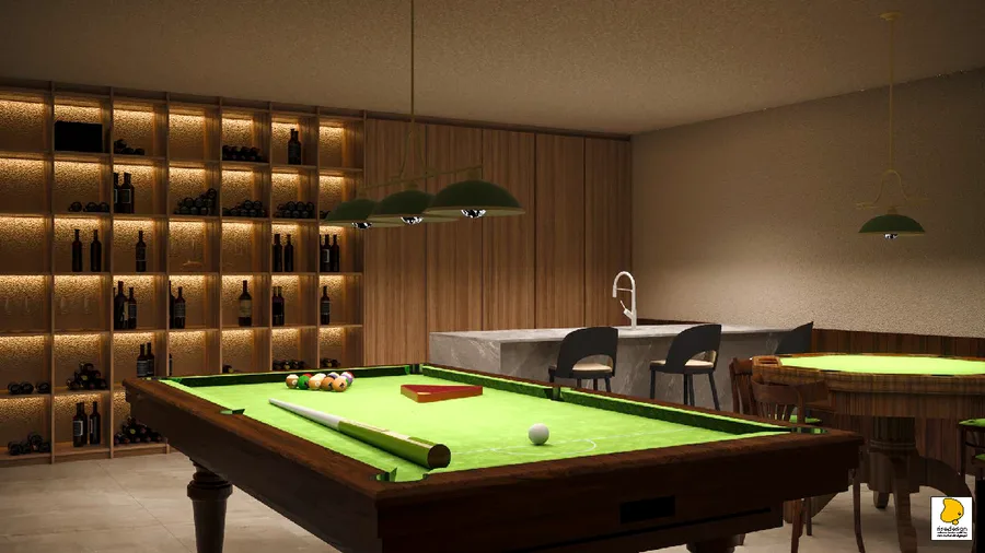 Detail: bunker alternate angle render with billiard table, Tiffany-style pendant lamps, wine rack wall, and entertainment lounge seating