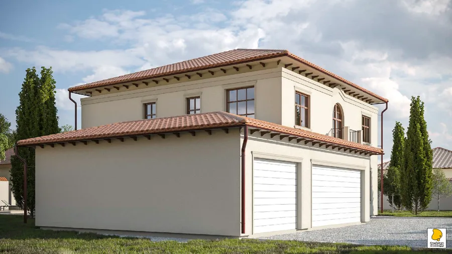 Gallery: main house garden elevation render with wrought-iron first-floor balconies, outdoor dining terrace, climbing plants on beige walls, and Mediterranean courtyard landscaping