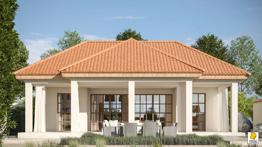Gallery: pool and wooden barrel hot tub composition render with Mediterranean colonnade arcade visible beyond, estate sun loungers on stone paving, and lush landscape planting