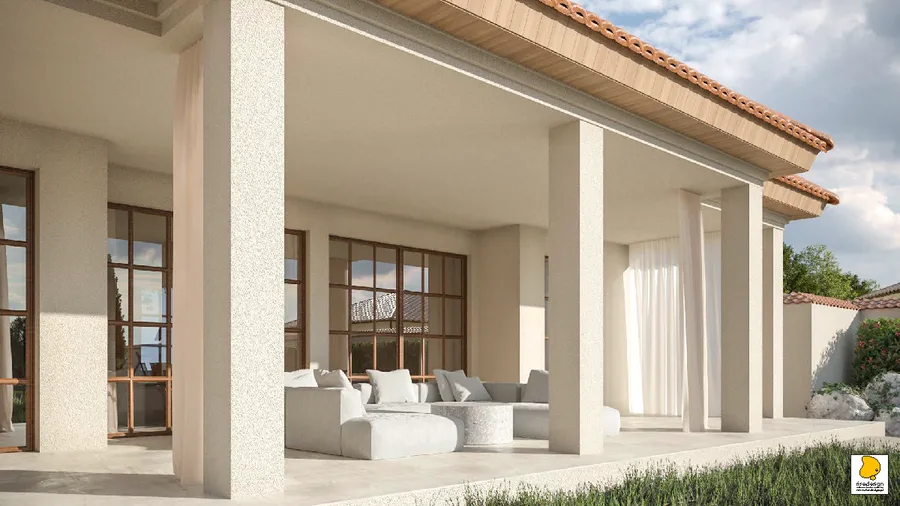 Gallery: view from colonnade render toward main house with flowing linen curtains between classical columns, showing full estate relationship between pool house and villa