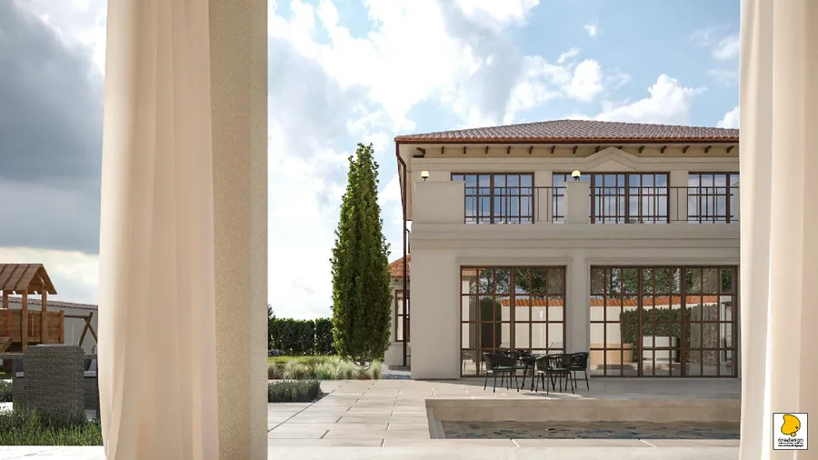 Gallery: estate courtyard panorama render showing both buildings, pool house colonnade with terracotta roof, main Mediterranean villa, swimming pool, and outdoor dining zones