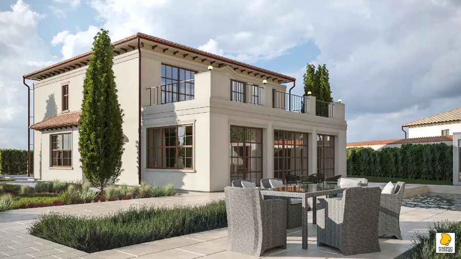 Hero: pool house exterior render with four-column Mediterranean colonnade, rectangular swimming pool in foreground, terracotta ceramic roof, and lush cypress and birch tree landscaping