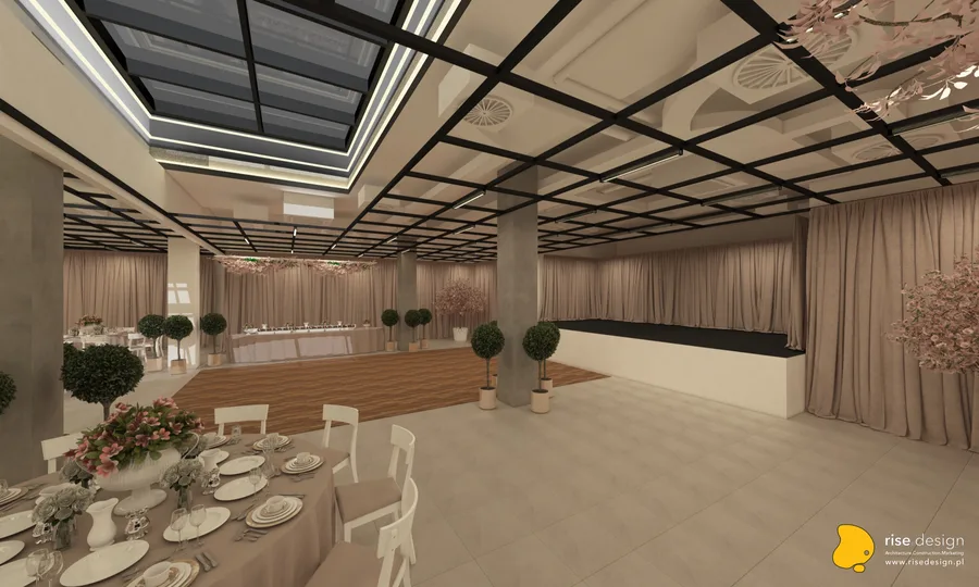 Detail: restaurant close-up render showing tropical wallpaper with toucans and birds of paradise pattern, formal dinner place settings on dark tables, and Cognac Oak wine bottle shelving with warm lighting