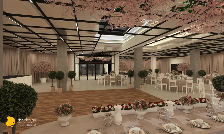 Detail: display shelving corner render with wine bottles arranged on Cognac Oak shelves, fluted glass panel dividers, and the restaurant dining room visible at the lower level through the partition